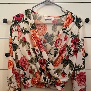 Final Sale ❣️ New Long Sleeve Floral Crop Top Faux Wrap- Size L
